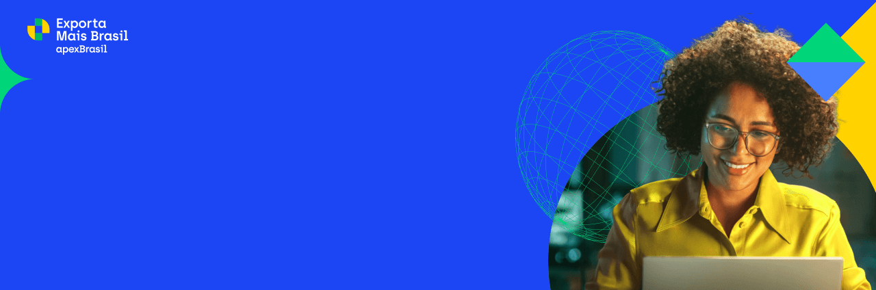 Imagem com fundo colorido, com ênfase no azul e destaque para uma mulher olhando um notebook